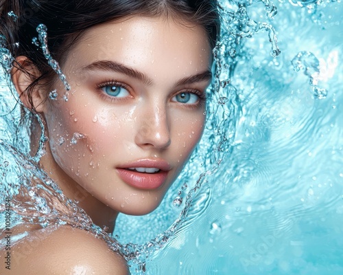 Portrait of a young woman with blue eyes and water splashing around her face.