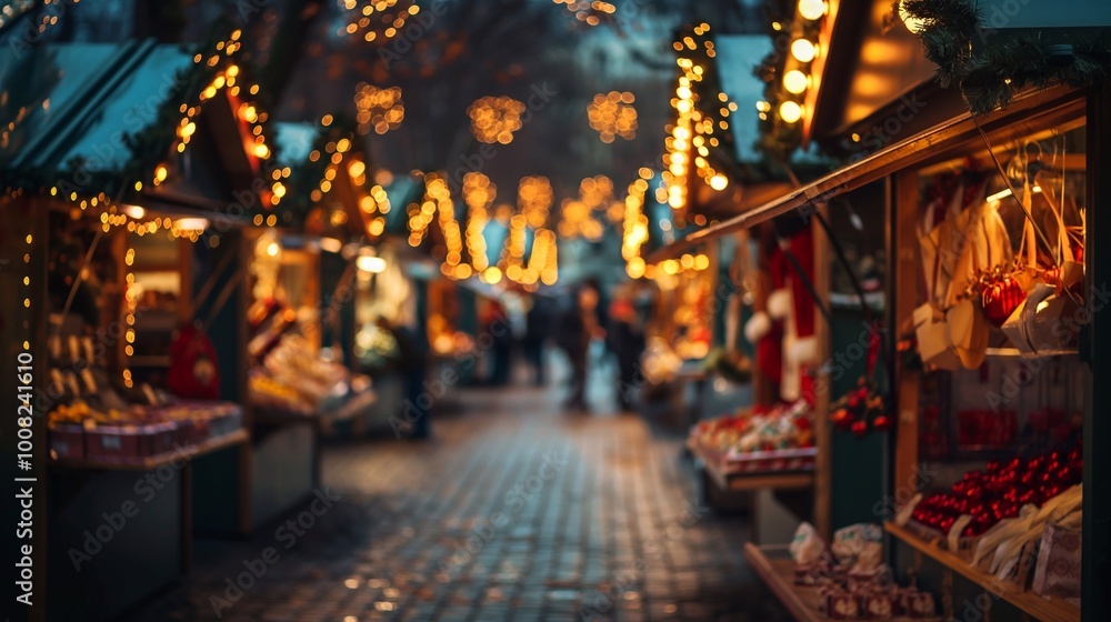 Blurred image of outdoor christmas market in the evening street with illuminated wooden kiosks decorated with festive lights and ornaments selling christmas goods. Happy new year and merry christmas Blurred image of outdoor christmas market in the evening street with illuminated wooden kiosks decorated with festive lights and ornaments selling christmas goods. Happy new year and merry christmas
