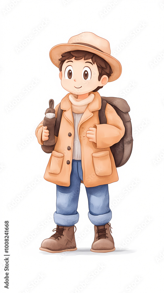 A young boy wearing a hat and a backpack is holding a bottle. He is smiling and he is happy A young boy wearing a hat and a backpack is holding a bottle. He is smiling and he is happy