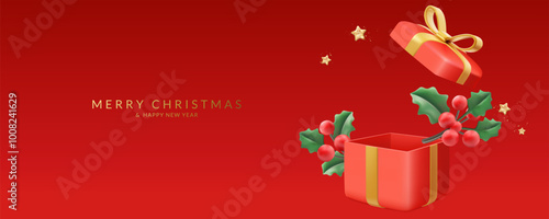 Christmas and New Year greeting card with open gift box.	