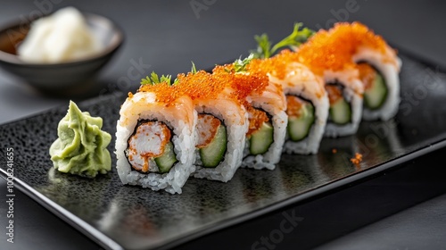 Maki rolls with cucumber and shrimp tempura arranged for a modern sushi banner