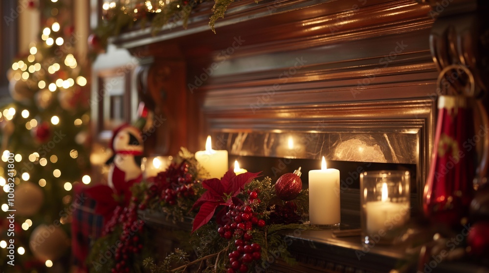 Festive christmas garland is decorating a fireplace mantel with lit candles and presents, creating a warm and cozy atmosphere for the holiday season. Happy New Year and Merry Christmas Festive christmas garland is decorating a fireplace mantel with lit candles and presents, creating a warm and cozy atmosphere for the holiday season. Happy New Year and Merry Christmas