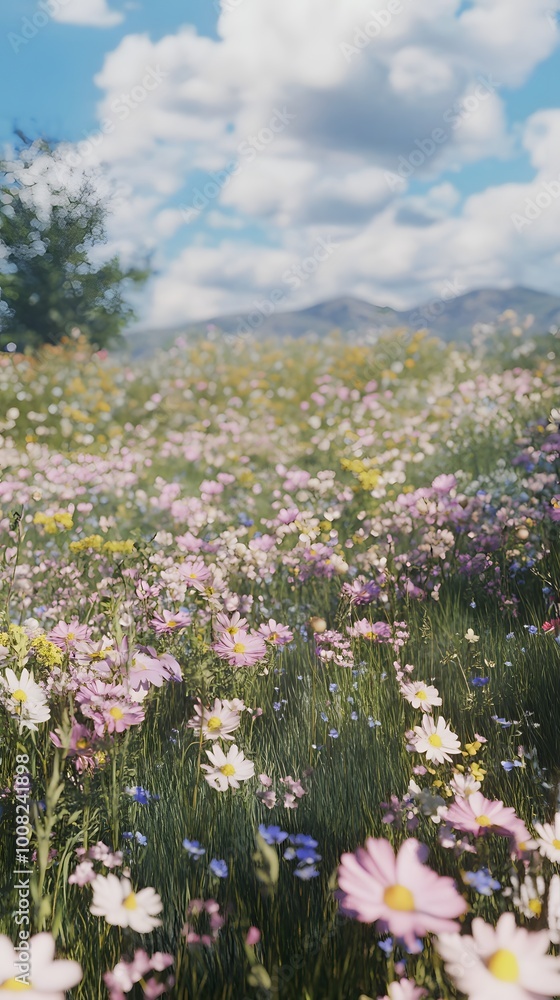 Fototapeta premium A vibrant field of wildflowers under a blue sky with clouds.