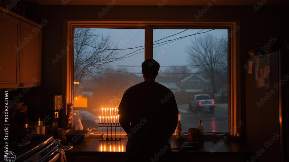 person lighting menorah in cozy kitchen during foggy evening person lighting menorah in cozy kitchen during foggy evening