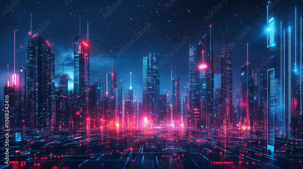 cityscape with space and neon light effect. Modern hi-tech, science, futuristic technology concept. Abstract digital high tech city design for banner background cityscape with space and neon light effect. Modern hi-tech, science, futuristic technology concept. Abstract digital high tech city design for banner background