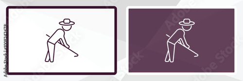 farmer hoeing outline icon. Linear vector from farming and gardening concept. Thin line white and black farmer hoeing icon isolated on white and dark background