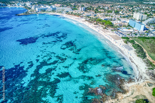 Bild auf Leinwand Scenic Aerial Picture of Sa Coma Beach and Town , Mallorca, Baelaric Islands, Sp