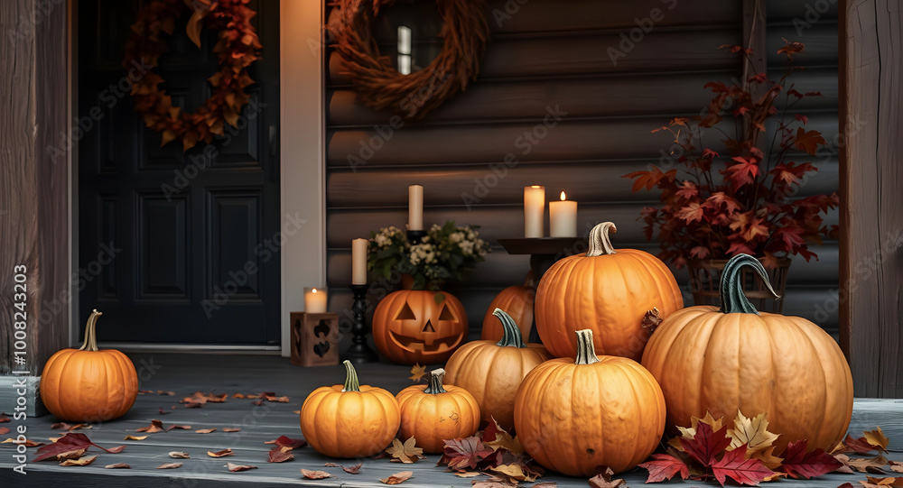 Obraz premium Background with Halloween pumpkins, lit candles and autumn leaves on the porch of a wooden cottage.