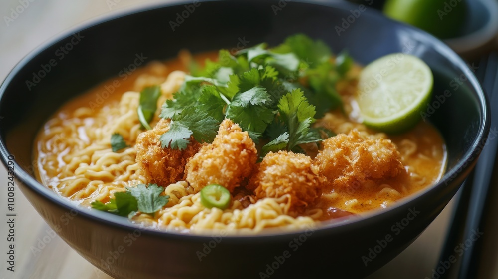 Cozy bowl of curry ramen with tempura vegetables and a twist of lime Cozy bowl of curry ramen with tempura vegetables and a twist of lime