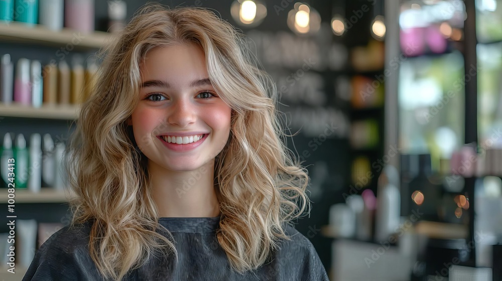 Smiling girl in a stylish salon showcasing her beautiful hair and joyful expression. Smiling girl in a stylish salon showcasing her beautiful hair and joyful expression.