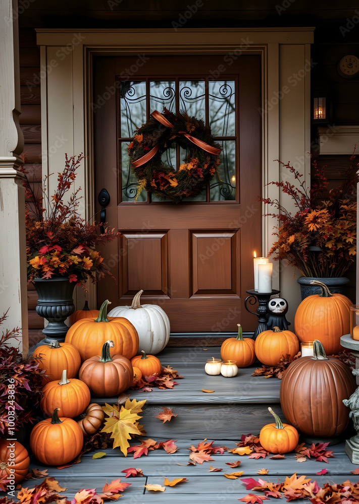 Obraz premium Background with Halloween pumpkins, lit candles and autumn leaves on the porch of a wooden cottage.