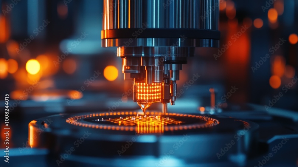 Close-Up of High-Tech Industrial Machine Manufacturing Microchips Close-Up of High-Tech Industrial Machine Manufacturing Microchips