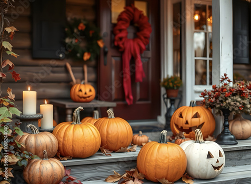 Background with Halloween pumpkins, lit candles and autumn leaves on the porch of a wooden cottage.