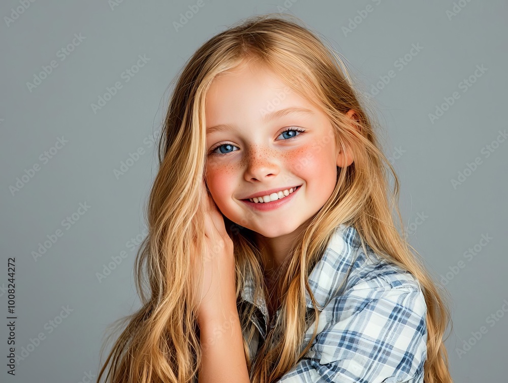 Smiling girl with long blonde hair in plaid shirt, gray background. Smiling girl with long blonde hair in plaid shirt, gray background.