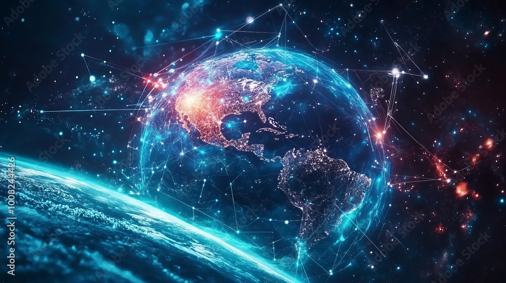 An illustration representing communication technology for internet business, showcasing a global network of telecommunication connections across the Earth. An illustration representing communication technology for internet business, showcasing a global network of telecommunication connections across the Earth.