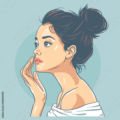 a lady putting on her skin cartoon style. A woman with a bun on her head and a hand on her face. The woman has a serious expression on her face