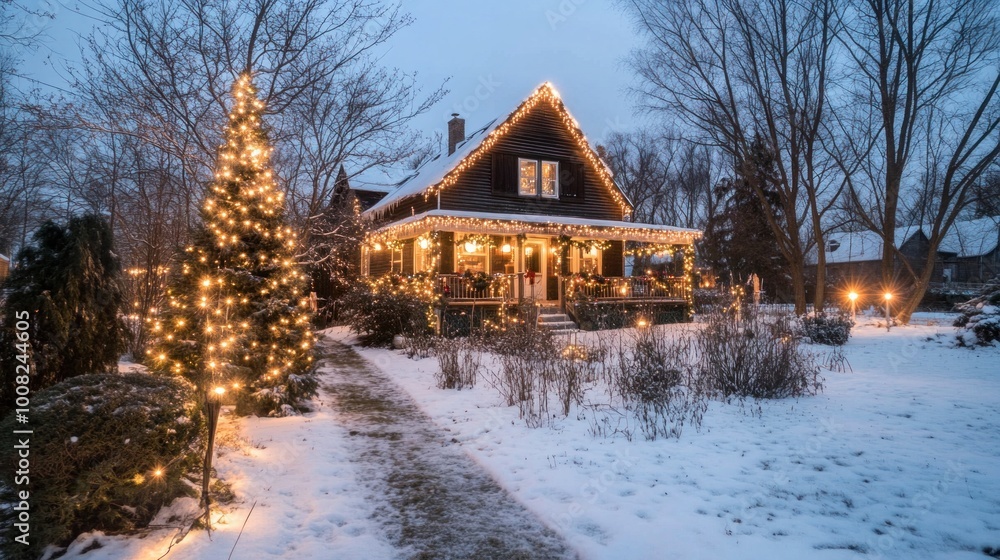 Festive farmhouse with Christmas lights in snowy rural landscape, warm atmosphere Festive farmhouse with Christmas lights in snowy rural landscape, warm atmosphere
