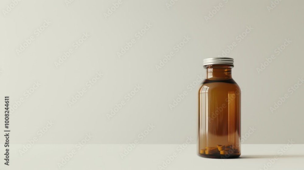 Health banner, white background, single pill bottle, large space for text Health banner, white background, single pill bottle, large space for text