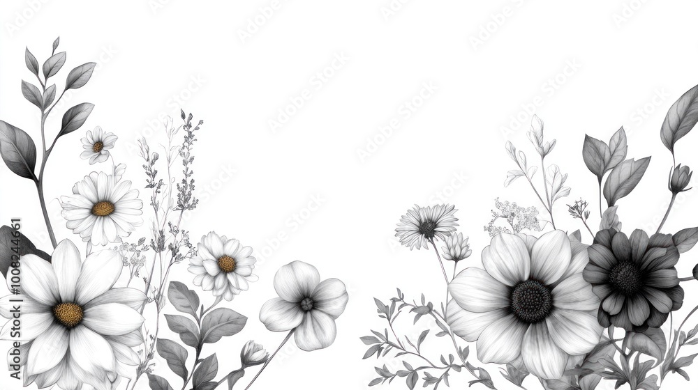 Vector frame with autumn garden flowers like dahlia, zinnia, marigold in engraving style Vector frame with autumn garden flowers like dahlia, zinnia, marigold in engraving style