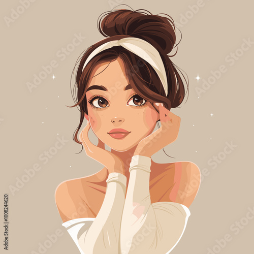 a lady putting on her skin cartoon style. A girl with a white headband is looking at the camera. She has a pretty smile and her hair is in a bun