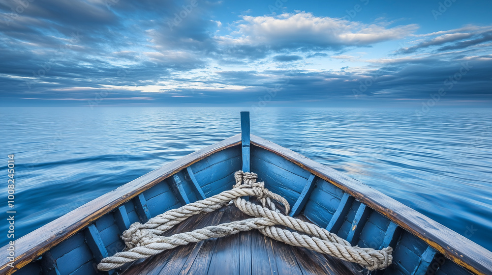 Boat on Calm Sea with Horizon View. A wooden boat sailing toward the horizon on a calm sea under a cloudy sky. Boat on Calm Sea with Horizon View. A wooden boat sailing toward the horizon on a calm sea under a cloudy sky.