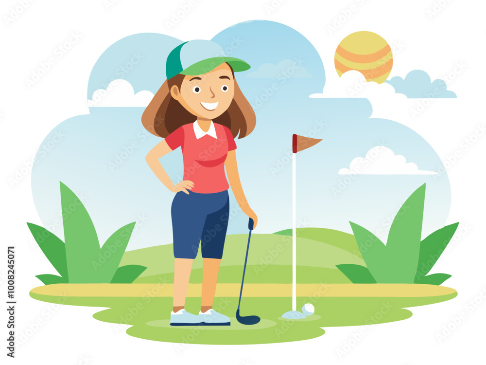 Smiling woman leaning on golf club during golf game enjoying a sunny day on the green modern flat design simple vector illustration isolated transparent background Smiling woman leaning on golf club during golf game enjoying a sunny day on the green modern flat design simple vector illustration isolated transparent background