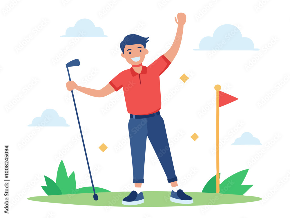 Male golfer celebrating a triumphant moment near a flagstick modern flat design simple vector illustration isolated transparent background Male golfer celebrating a triumphant moment near a flagstick modern flat design simple vector illustration isolated transparent background