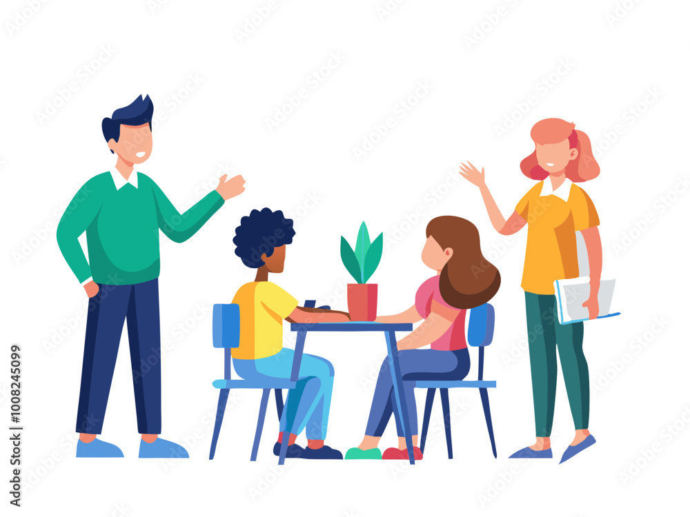 Informal classroom setting with a teacher engaging students through a lively discussion by the whiteboard presentation modern flat design simple vector illustration isolated transparent background Informal classroom setting with a teacher engaging students through a lively discussion by the whiteboard presentation modern flat design simple vector illustration isolated transparent background