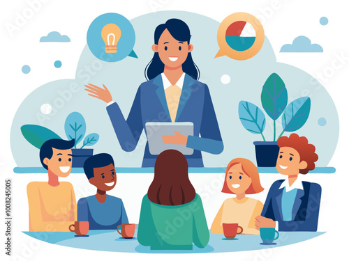 Businesswoman leading meeting engaging with colleagues asking questions and keeping everyone involved modern flat design simple vector illustration isolated transparent background