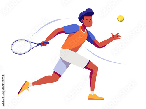 African-American man executing intense tennis forehand on hardcourt modern flat design simple vector illustration isolated transparent background