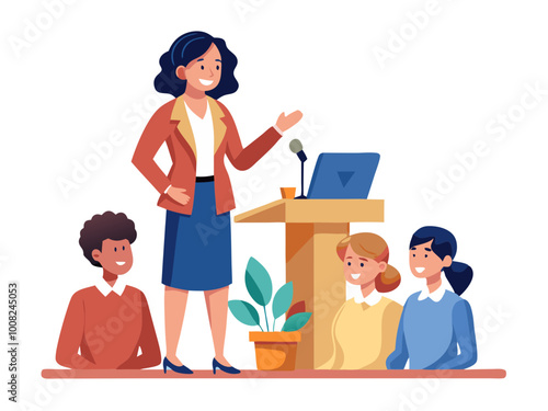 Professional woman speaking at a business workshop to colleagues modern flat design simple vector illustration isolated transparent background