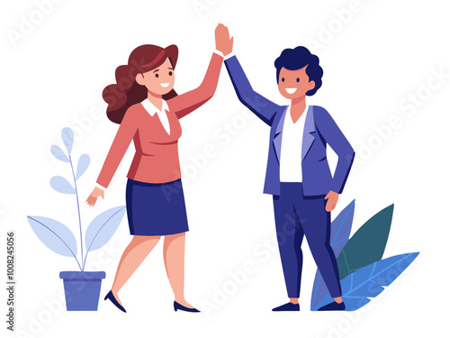 Businesswoman giving a high five to a colleague in meeting modern flat design simple vector illustration isolated transparent background