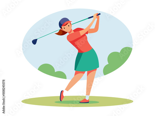 Woman golfer skilfully swinging club with precise follow through on lush fairway capturing an elegant golf stance modern flat design simple vector illustration isolated transparent background