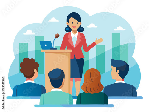 Business woman speaking at a business event with colleagues modern flat design simple vector illustration isolated transparent background
