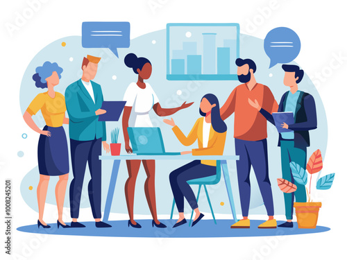 Corporate workshop with diverse group of professionals shaking hands and discussing training modern flat design simple vector illustration isolated transparent background
