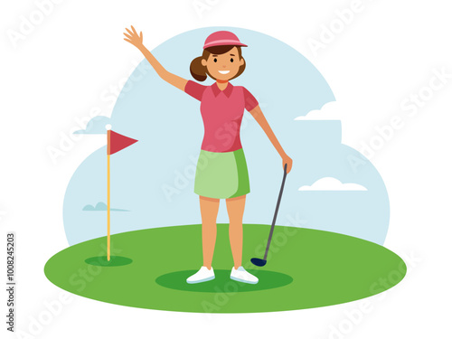 Sportswoman in golf attire waves on the putting green during a match modern flat design simple vector illustration isolated transparent background