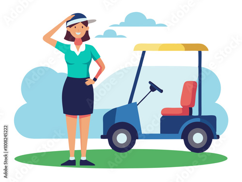 Confident woman golfer shielding her eyes from the sun standing next to a golf cart modern flat design simple vector illustration isolated transparent background