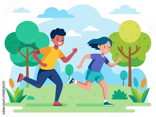 Energetic best friends playing tag and enjoying summer in the park modern flat design simple vector illustration isolated transparent background