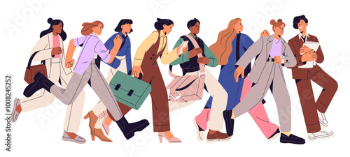 People rushing, run fast, go forward. Crowd of employees late and hurry to work. Anxious characters quick meet deadlines. Business race. Flat isolated vector illustration on white background