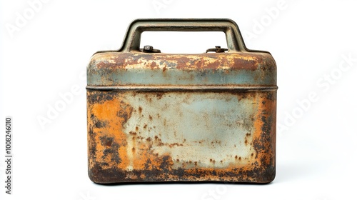 An old metal fuel tank designed for transporting and storing petrol, specifically a rusty vintage 20-liter jerrycan.
