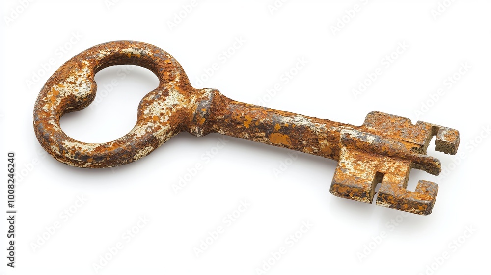 An old, rusty door key isolated against a white background. An old, rusty door key isolated against a white background.