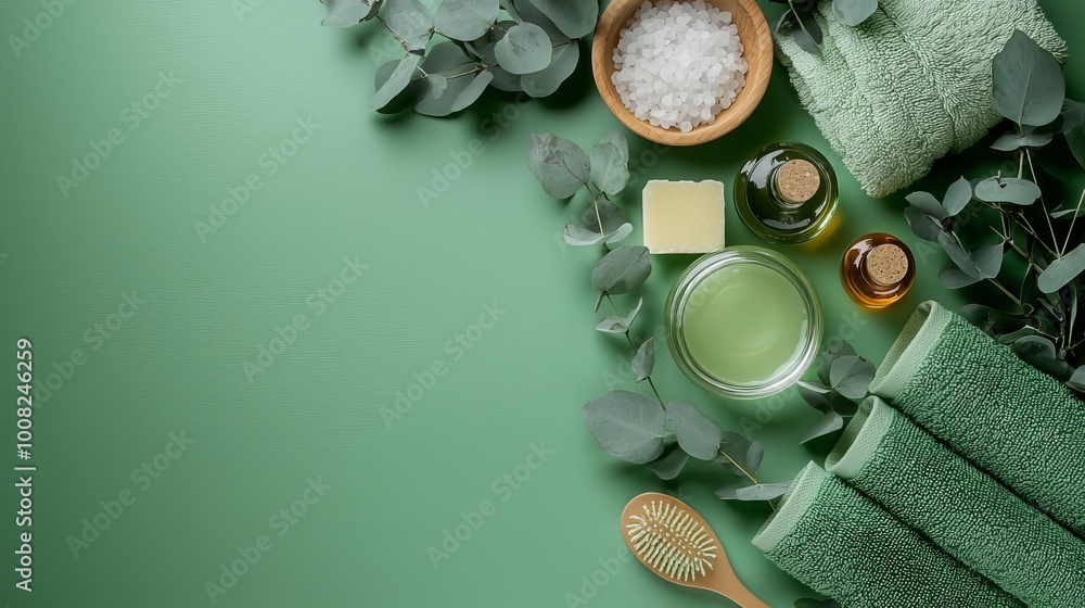 Spa essentials arranged beautifully on a green background for relaxation. Spa essentials arranged beautifully on a green background for relaxation.