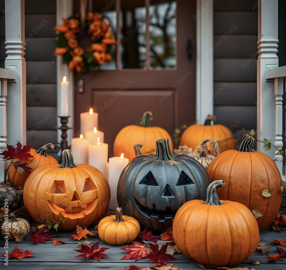 Obraz premium Background with Halloween pumpkins, lit candles and autumn leaves on the porch of a wooden cottage.
