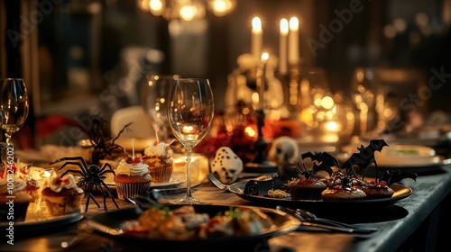 An elegantly set dining table for Halloween features delectable treats, candles, and spooky decorations, creating a festive and inviting atmosphere for gatherings.