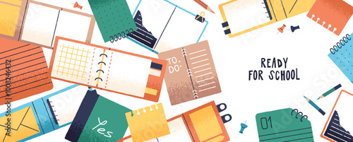 Design of banner with round frame of different notebook, notepads for phrase. Open paper planners, organizers, diaries with empty pages. School stationery for notes, records. Flat vector illustration
