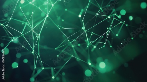 Abstract digital background with interconnected lines and glowing particles in green hues.