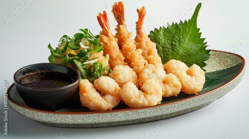 Artfully arranged tempura platter with mushrooms, prawns, and green peppers photo