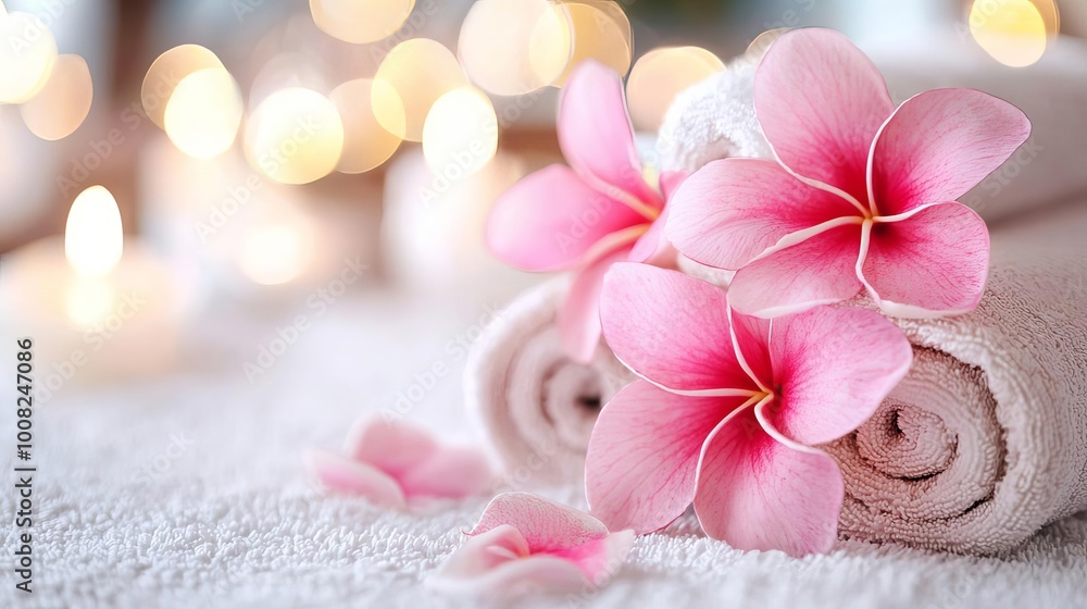 Spa towels with pink flowers and candles in a serene setting. Spa towels with pink flowers and candles in a serene setting.