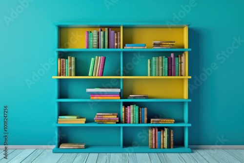 Colorful bookshelf filled with vibrant books against a bright turquoise wall in a cozy reading nook