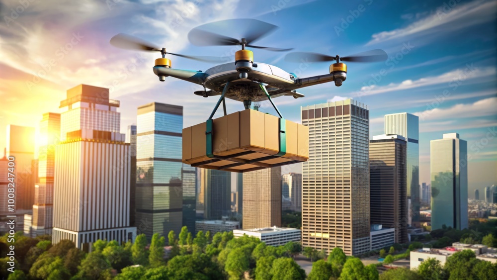 Innovative Drone Delivery Concept Representing the Future of Logistics and Transportation Services Innovative Drone Delivery Concept Representing the Future of Logistics and Transportation Services